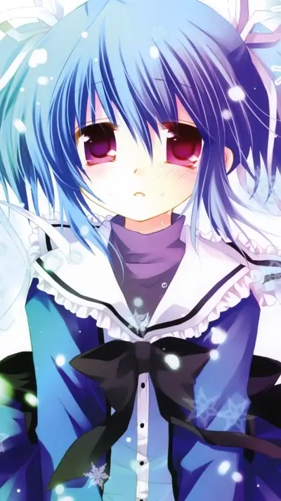 Sad anime girl in winter clothes