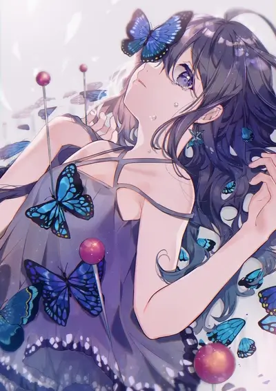 Sad anime girl surrounded by butterflies and lollipops