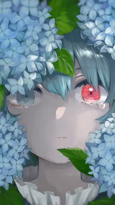 Sad anime girl with heterochromia surrounded by blue hydrangea flowers