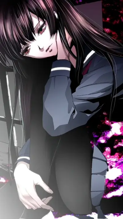 Sad anime girl with long dark hair