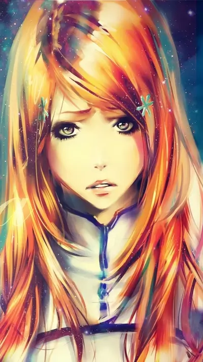 Sad anime girl with long orange hair