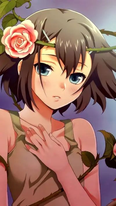 Sad anime girl with roses