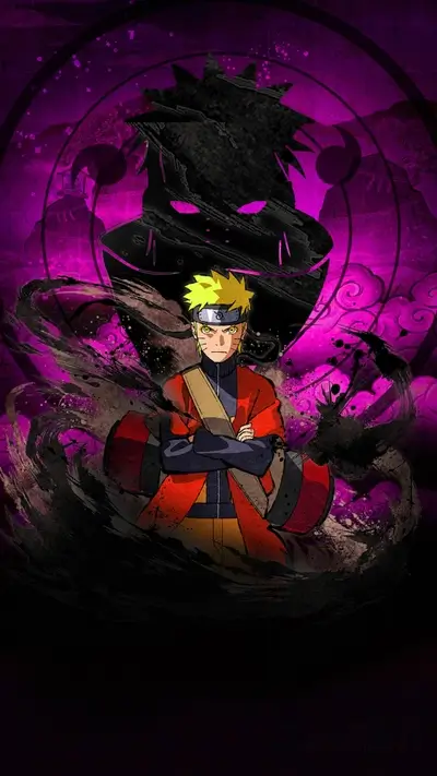 Sage mode Naruto standing with dark aura on magenta background