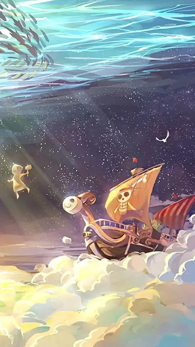 Sailing ship on clouds under starry sky