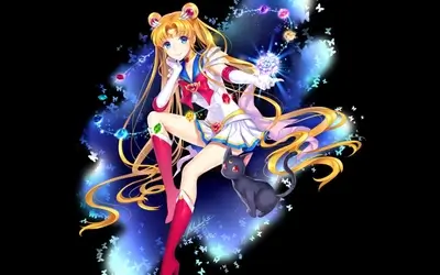 Sailor Moon and Luna surrounded by magical light and sparkling butterflies