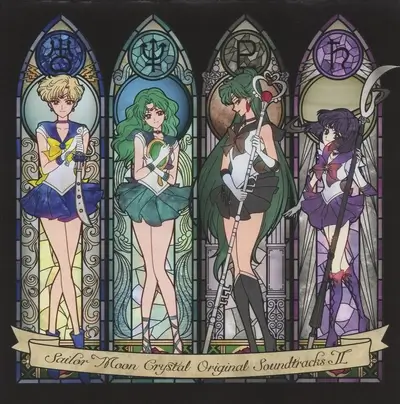 Sailor Moon Crystal Original Soundtrack II featuring four Sailor Guardians in stained glass style