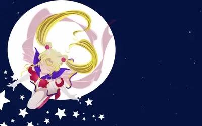 Sailor Moon flying across night sky with a full moon and stars