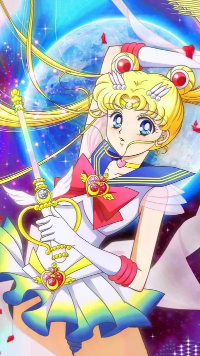 Sailor Moon holding magical sword in cosmic background with celestial body