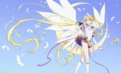 Sailor Moon with large wings, flowing blonde hair, crescent moon, falling feathers