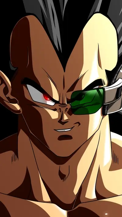 Saiyan warrior smirking, scouter on eye, ready for battle, hair dark