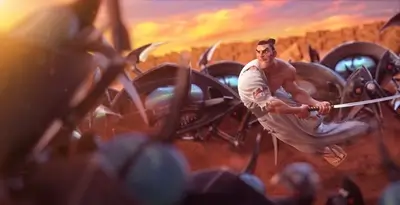 Samurai battles robotic creatures in a desert setting