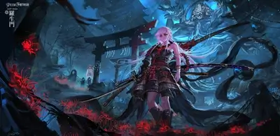 Samurai girl with long white hair standing among red flowers