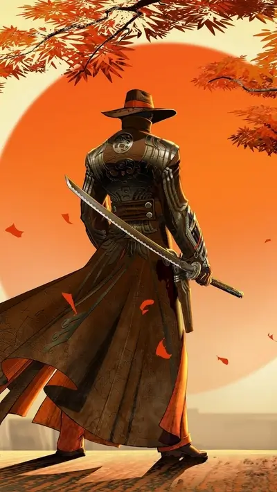 Samurai in a long brown coat, sunset background