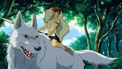 San riding a giant white wolf through a lush green forest