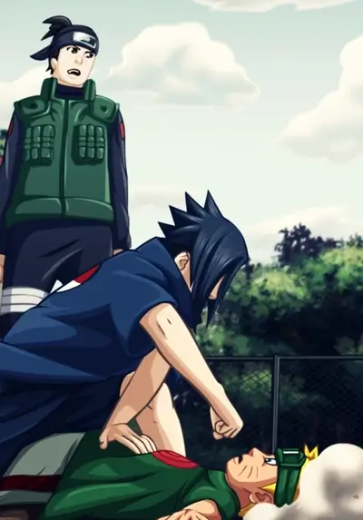 Sasuke about to punch Naruto as Yamato looks