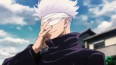 Satoru Gojo wearing a blindfold and smiling outdoors