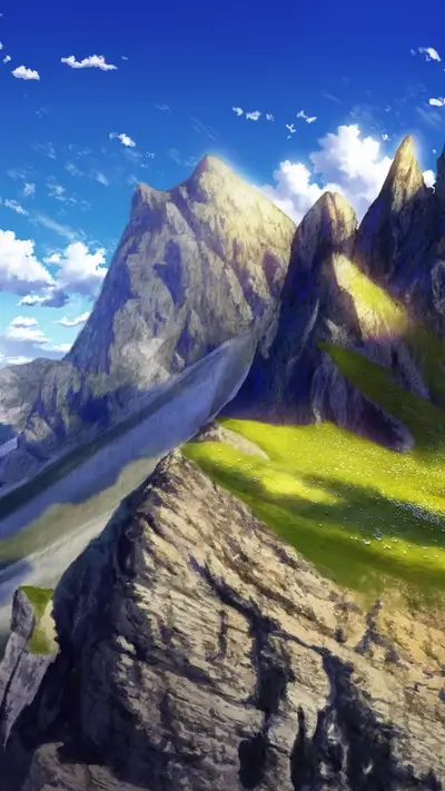 Scenic mountain landscape featuring rocky terrain and vibrant green grass