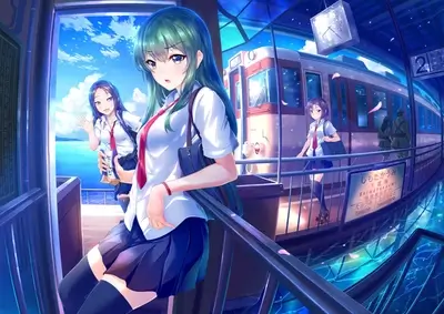 Scenic railway station with Japanese schoolgirls in contrasting daytime and nighttime