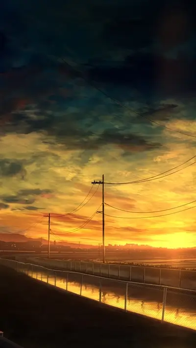 Scenic sunset casting warm light over a rural landscape with telephone poles.