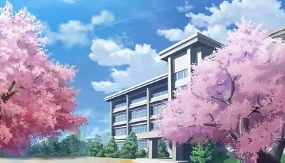 School building surrounded by cherry blossoms