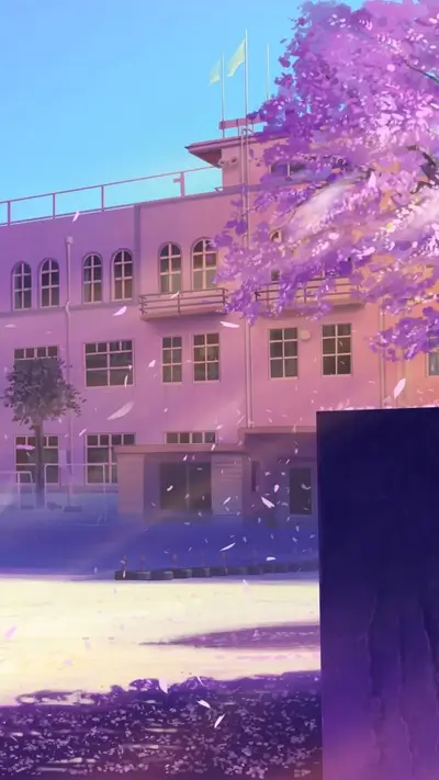 School building with a cherry blossom tree, serene atmosphere, and falling petals