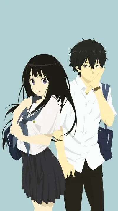 School girl and boy in uniforms, anime style drawing