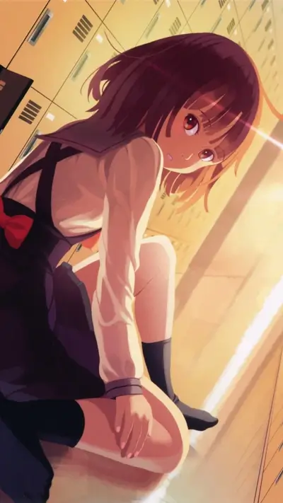 School girl crouching down, curious expression, eye-level view
