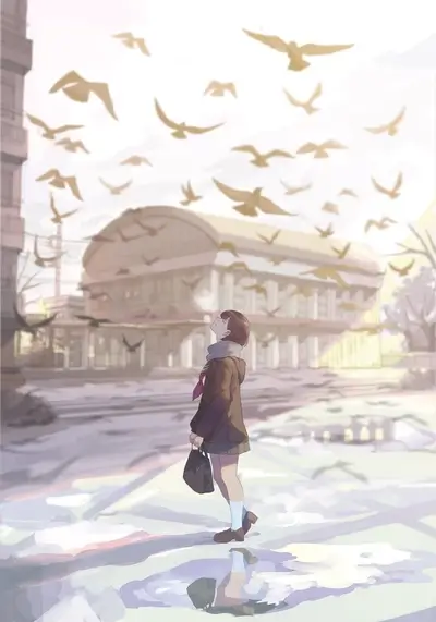 School girl looking up at birds