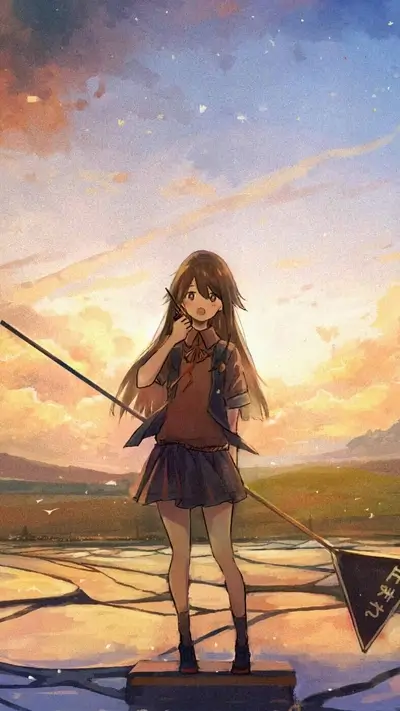 School girl stands on platform holding stick under beautiful sunset sky