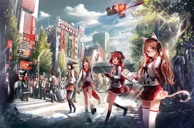 School girls walking in a bustling city street
