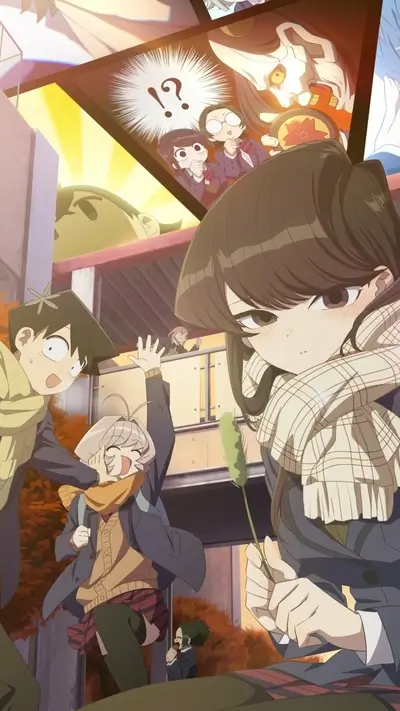 School students in autumn setting, comic panels in background