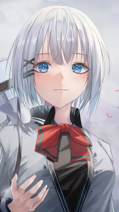 School uniform girl with captivating blue eyes and short, white hair