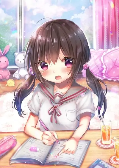 Schoolgirl crying while studying at her desk, adorable, heartbroken