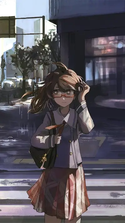 Schoolgirl in city street, adjusting glasses