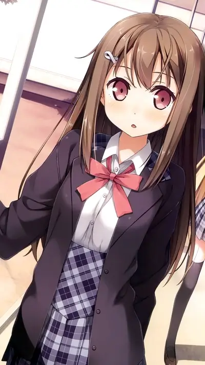 Schoolgirl in uniform, brown hair, red bow