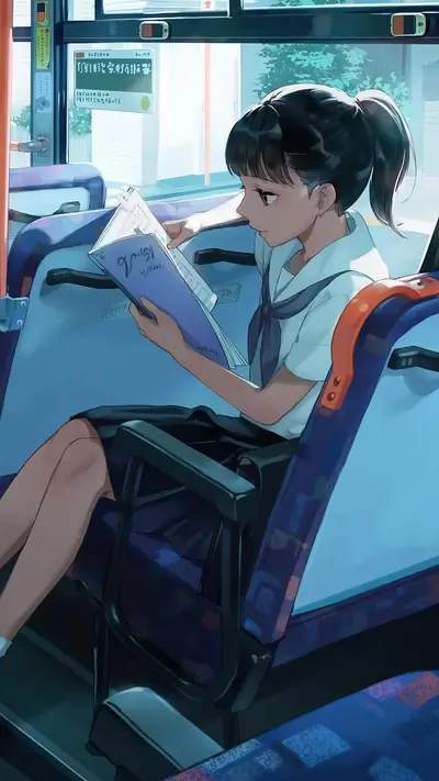 Schoolgirl on a bus engrossed in a book, commuting