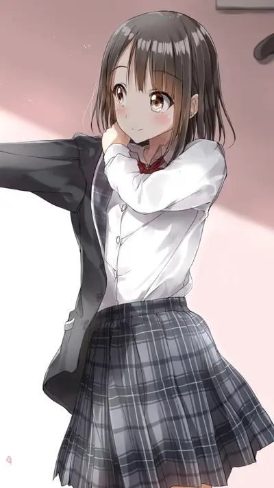 Schoolgirl putting on her blazer, gentle expression, soft light, pretty