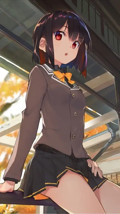 Schoolgirl sitting on a ledge in autumn setting
