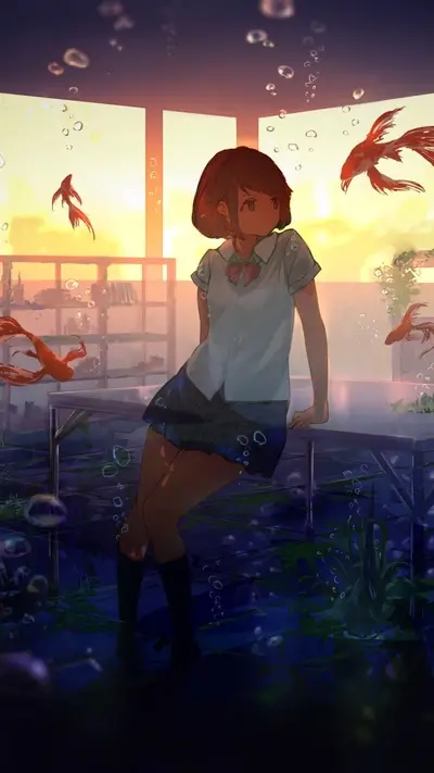 Schoolgirl sitting on aquarium table, goldfish swimming around