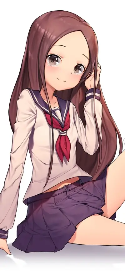 Schoolgirl smiles softly, sitting on a flat surface