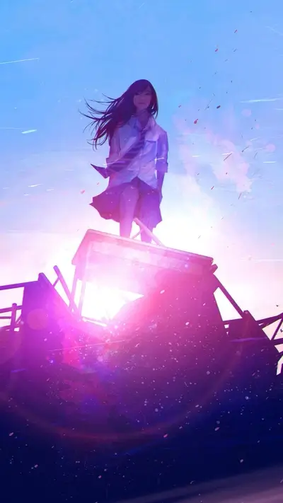 Schoolgirl standing on broken table, illuminated by bright, warm light, creating a dreamy and surreal atmosphere