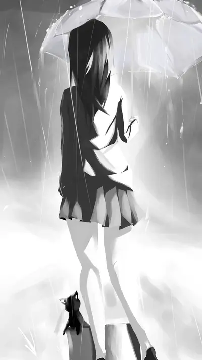 Schoolgirl standing under umbrella with cat in rain