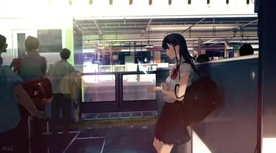 Schoolgirl stands at a train station, awaiting her transportation