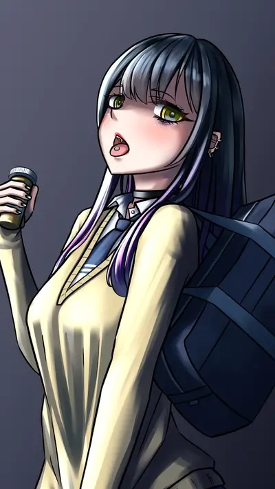 Schoolgirl taking a pill, in uniform with yellow eyes and dark hair