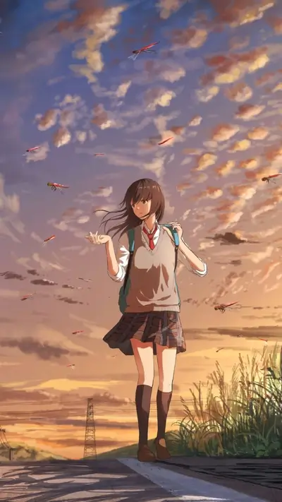 Schoolgirl walking on a road at sunset, dragonflies flying