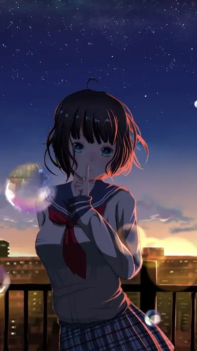 Schoolgirl with a shush gesture, city lights and starry night