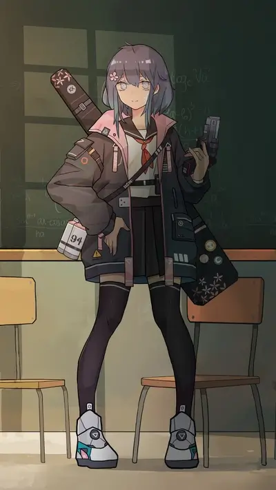 Schoolgirl with a sword and gun in a classroom