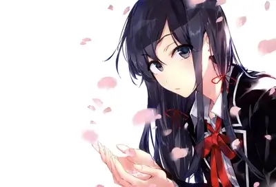 Schoolgirl with dark hair and red ribbon surrounded by petals falling onto hands.