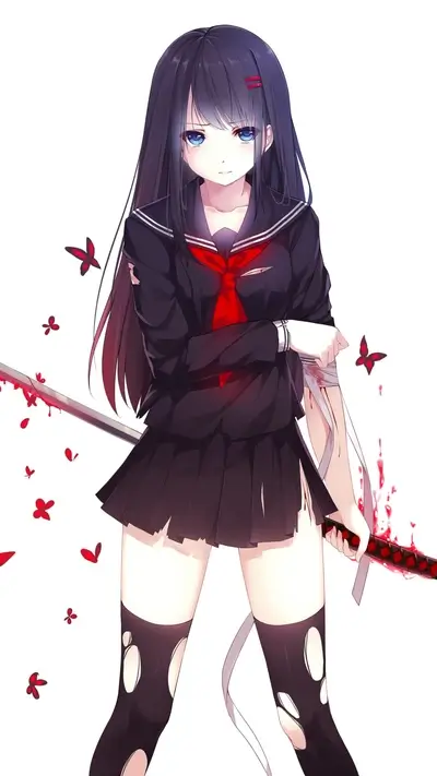 Schoolgirl with katana covered in blood and butterflies, wearing a dark uniform