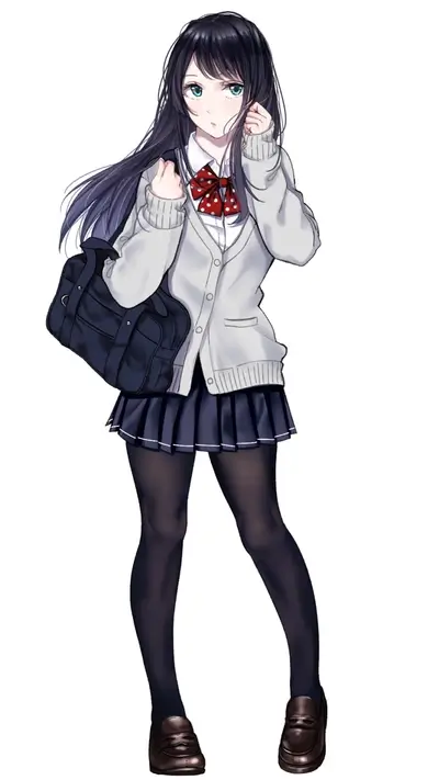 Schoolgirl with long hair, wearing a uniform and carrying a bag